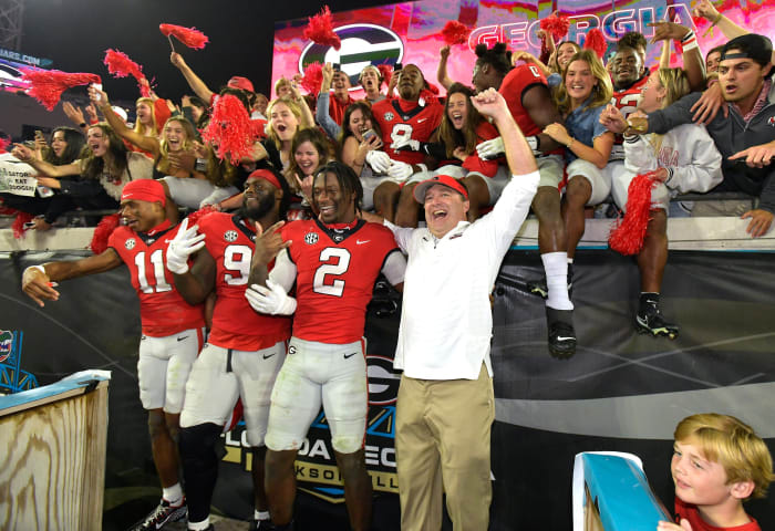 Georgia Bulldogs head coach Kirby Smart celebrates with his players and fans after their victory over Florida. The annual Georgia vs Florida football rivalry was held at TIAA Bank Field in Jacksonville, FL Saturday, October 29, 2022. The Bulldogs went in at halftime with a 28 to 3 lead over the Gators and won with a final score of 42 to 20. (Bob Self/Florida Times-Union / USA TODAY NETWORK).
